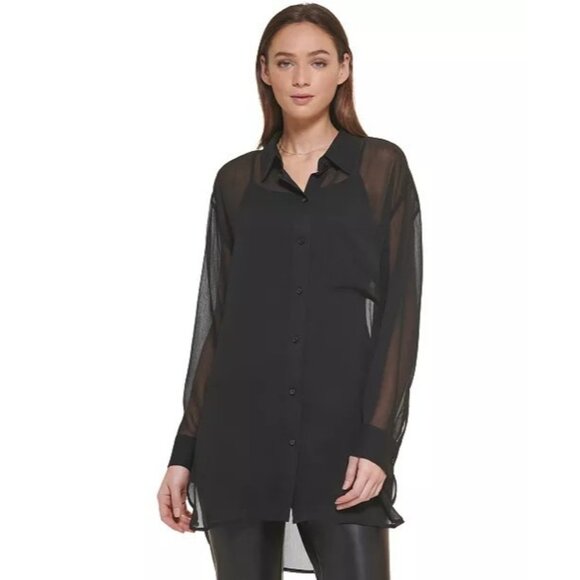 NWT DKNY WOMEN'S BUTTON-DOWN CHIFFON BLACK SHIRT XLARGE - Picture 1 of 9